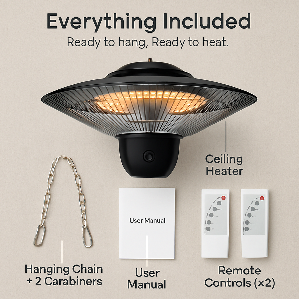 1500W Outdoor Patio Heater Electric Hanging Heated Ceiling Mounted Heating Lamp IP23 Waterproof with 3 Heating Levels 30Mins/60Mins Timer 2 Remote Con