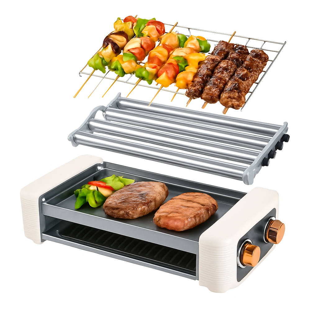 3 In 1 Electric Hot Dog Roller Machine with Grill & Griddle 6-Roller Hot Dog Cooker Smokeless Non-Stick Indoor Outdoor with 3 Temp Levels for BBQ Saus