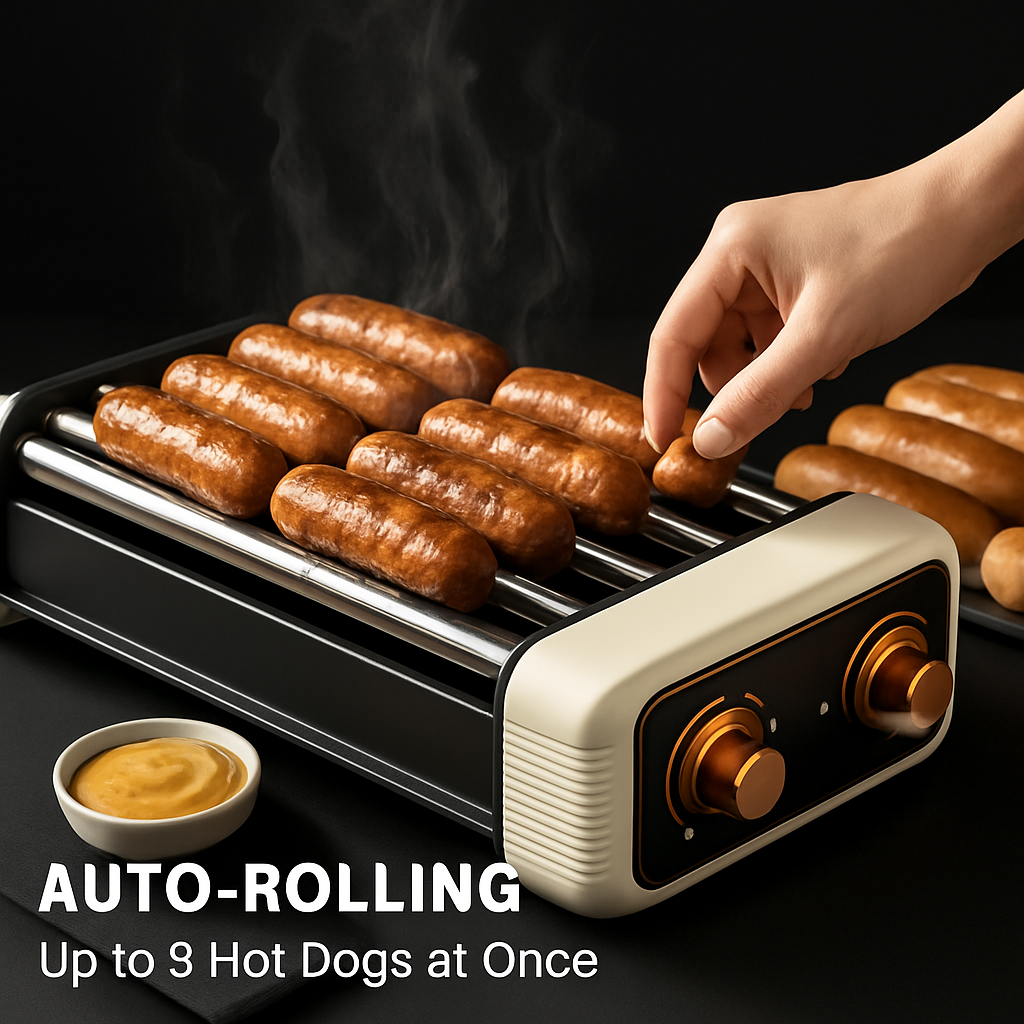 3 In 1 Electric Hot Dog Roller Machine with Grill & Griddle 6-Roller Hot Dog Cooker Smokeless Non-Stick Indoor Outdoor with 3 Temp Levels for BBQ Saus