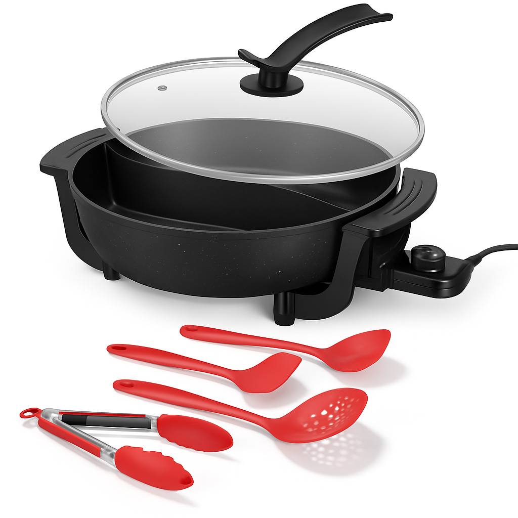 6L Electric Hot Pot with Divider 1100W Dual-Flavor Pot Shabu Shabu Pot Non-Stick with 5-Temp Control for Shabu Shabu Fondue Perfect for Family Gatheri