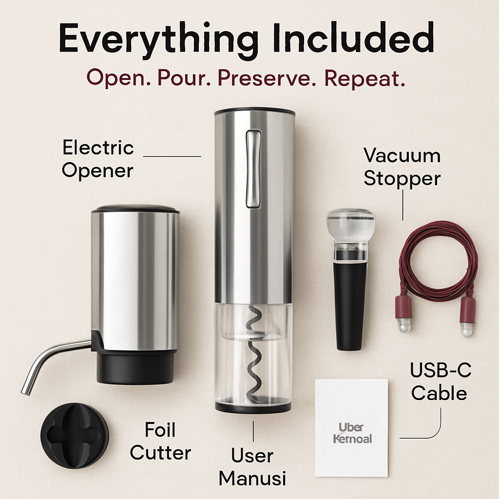 Electric Wine Opener Set with Aerator, Foil Cutter & Stopper