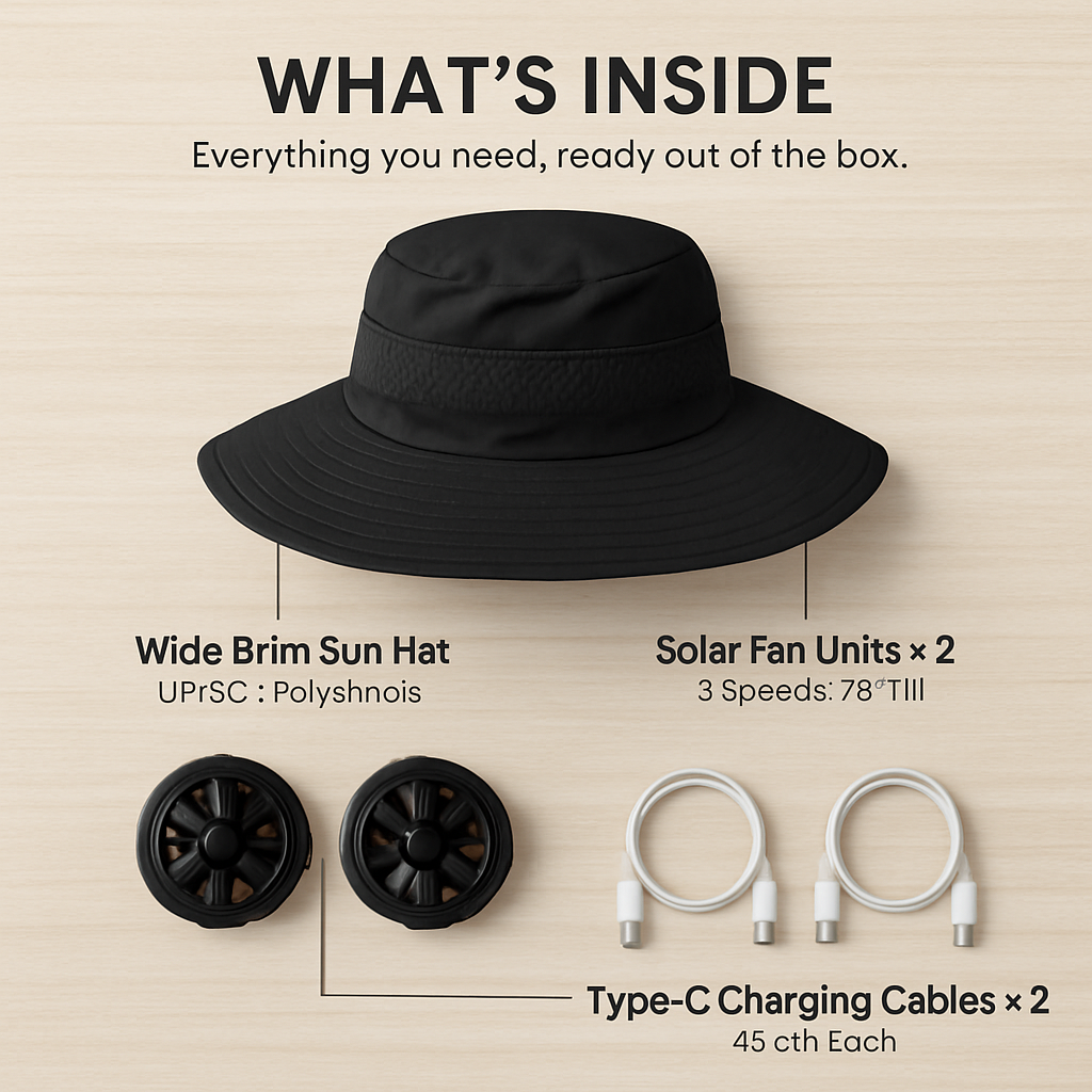 Wide Brim Sun Hat with 2 Solar-Powered Fans