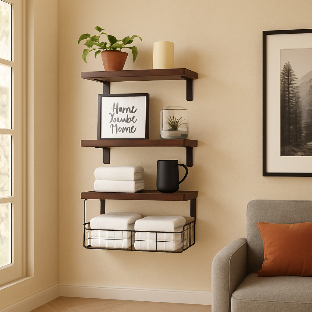 2-in-1 Floating Shelves with Storage Basket