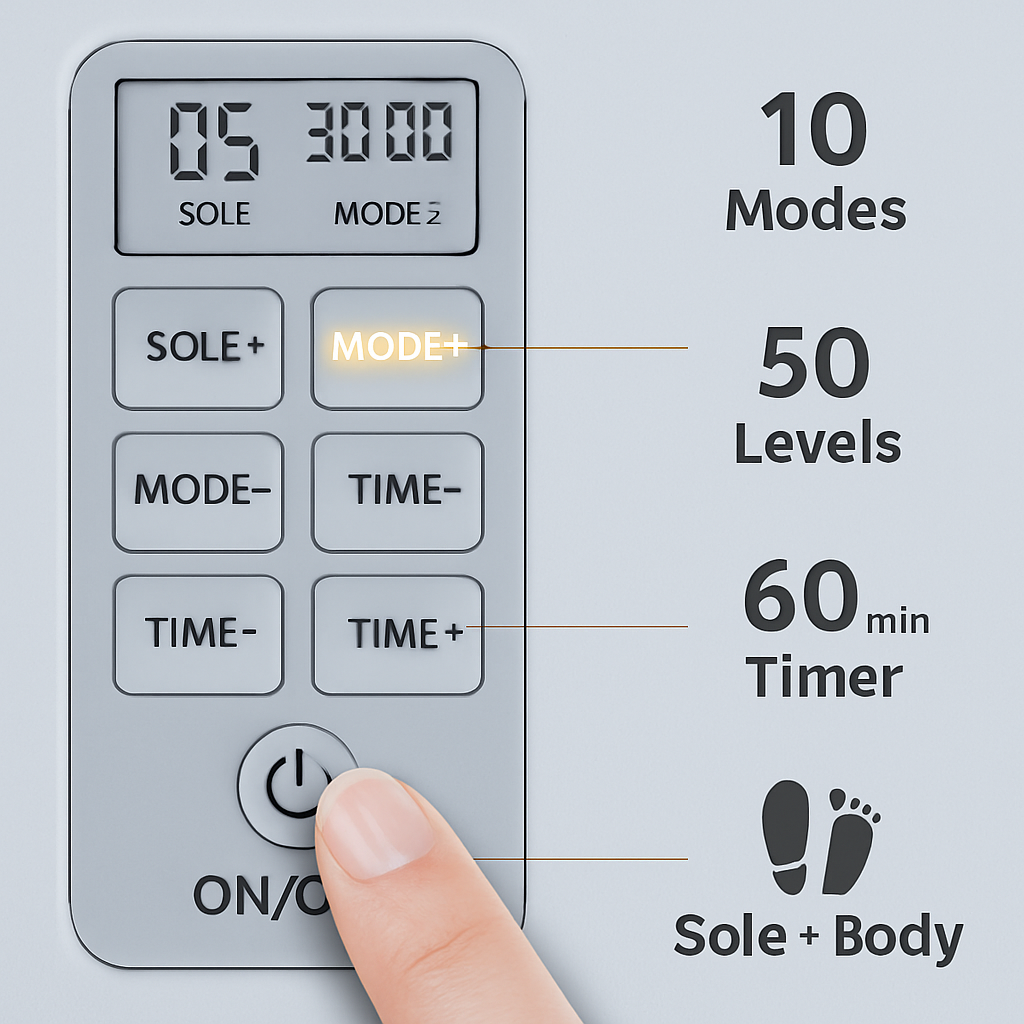 Rechargeable EMS Foot Massager for Neuropathy TENS Stimulator With 10Modes 50Intensities Remote Control For Muscle Relaxation Cramps Circulation Gift
