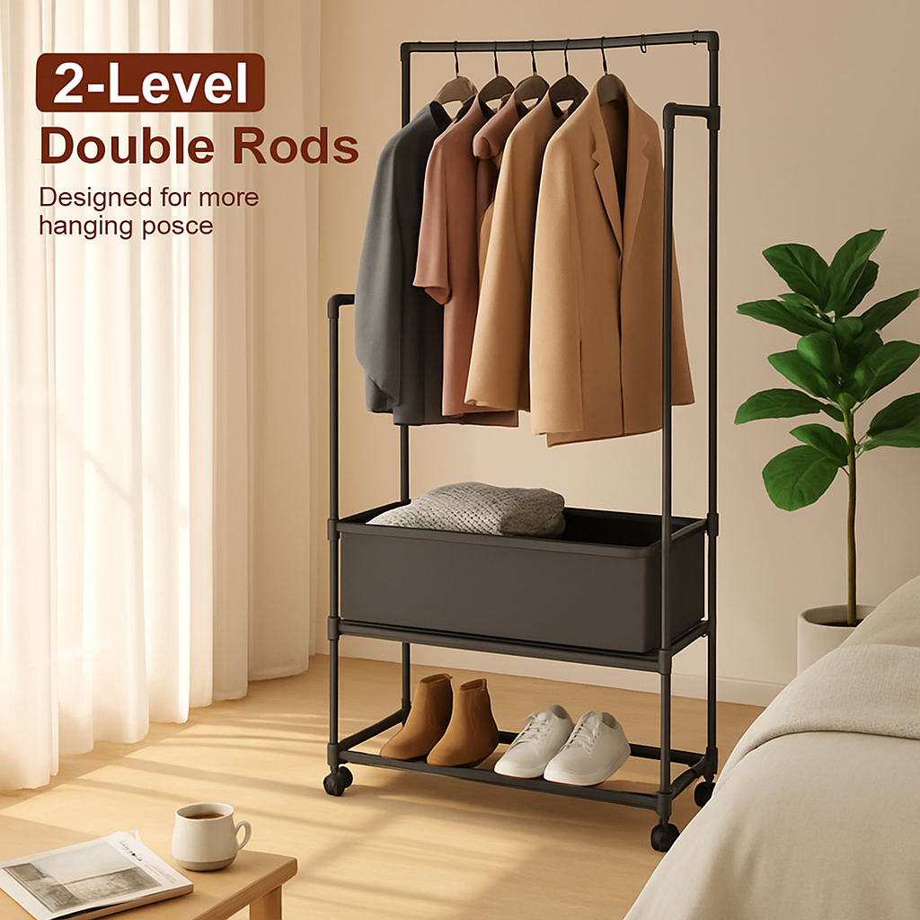Double Rods Garment Rack with Storage Bag
