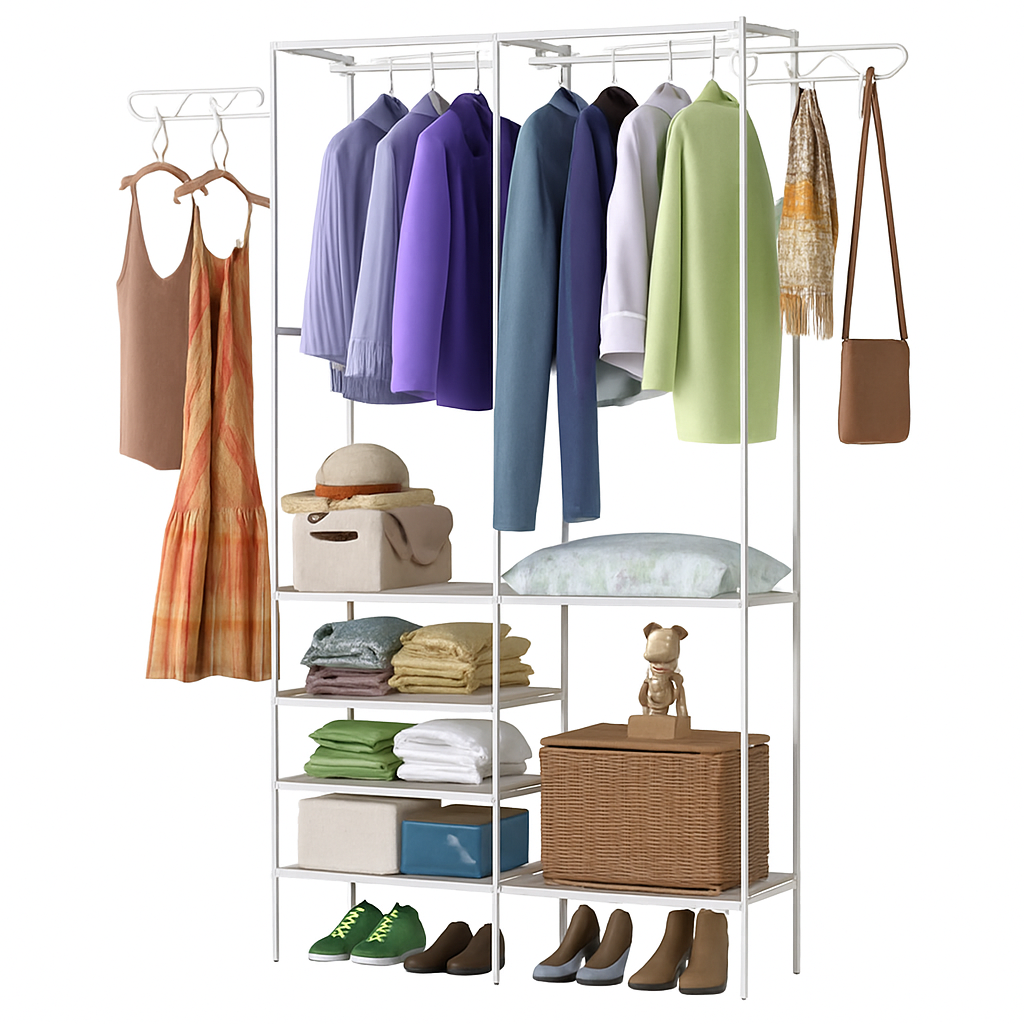 Metal Garment Rack with Shelves and Dual Hanging Rods