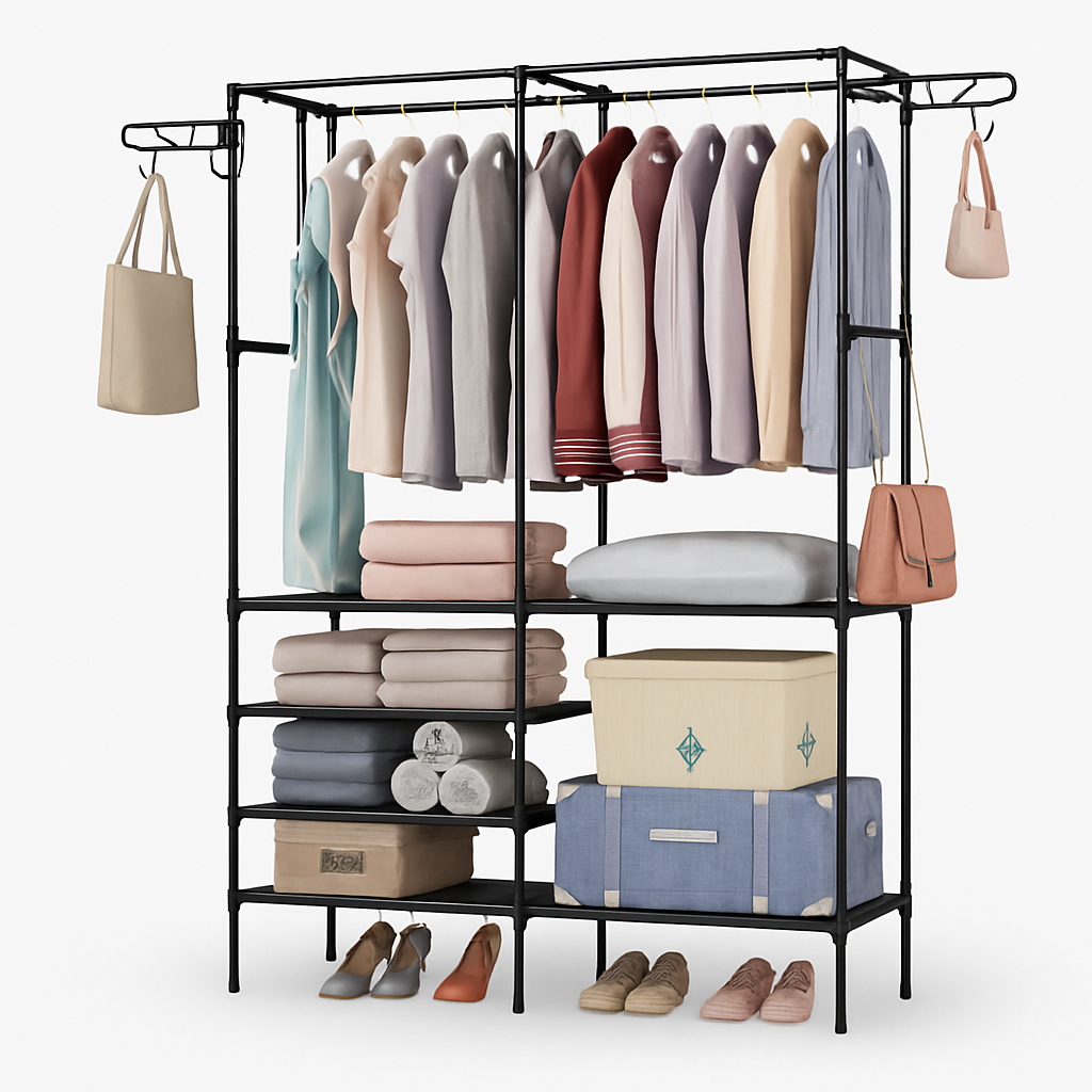 Metal Garment Rack with Shelves and Dual Hanging Rods