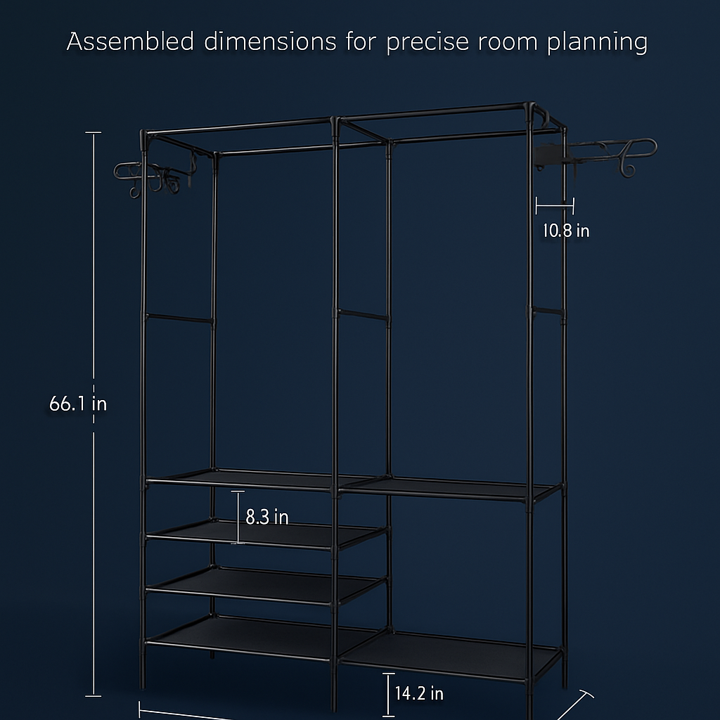 Metal Garment Rack with Shelves and Dual Hanging Rods