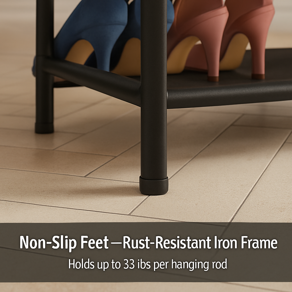 Metal Garment Rack with Shelves and Dual Hanging Rods