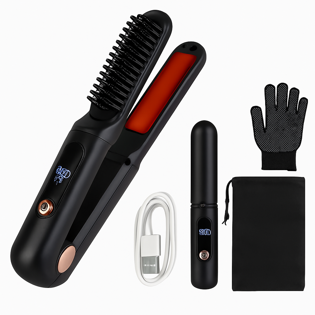 2 In 1 Ceramic Hair Straightener Flat Iron Cordless Hair Straightener Brush Hair Portable Styling Iron with Carry Bag Anti-scald Gloves 2 Hairpins