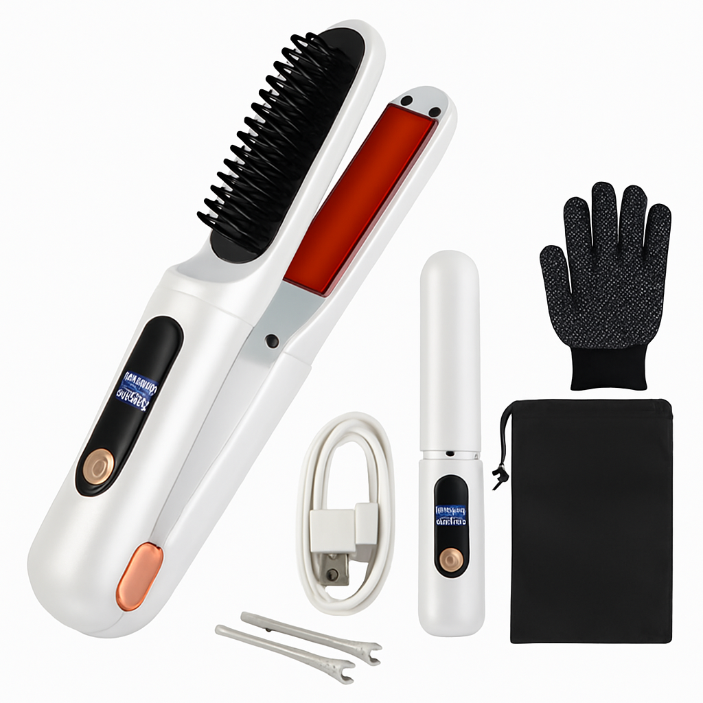 2 In 1 Ceramic Hair Straightener Flat Iron Cordless Hair Straightener Brush Hair Portable Styling Iron with Carry Bag Anti-scald Gloves 2 Hairpins