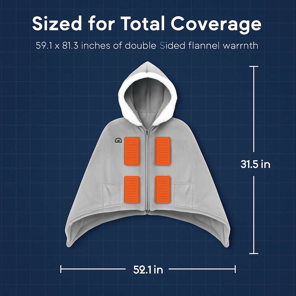 Wearable Heated Throw Blanket Double-Sided Flannel Portable Electric Heating Hoodie For Women Men Machine Washable 3 Heating Levels Battery Operated