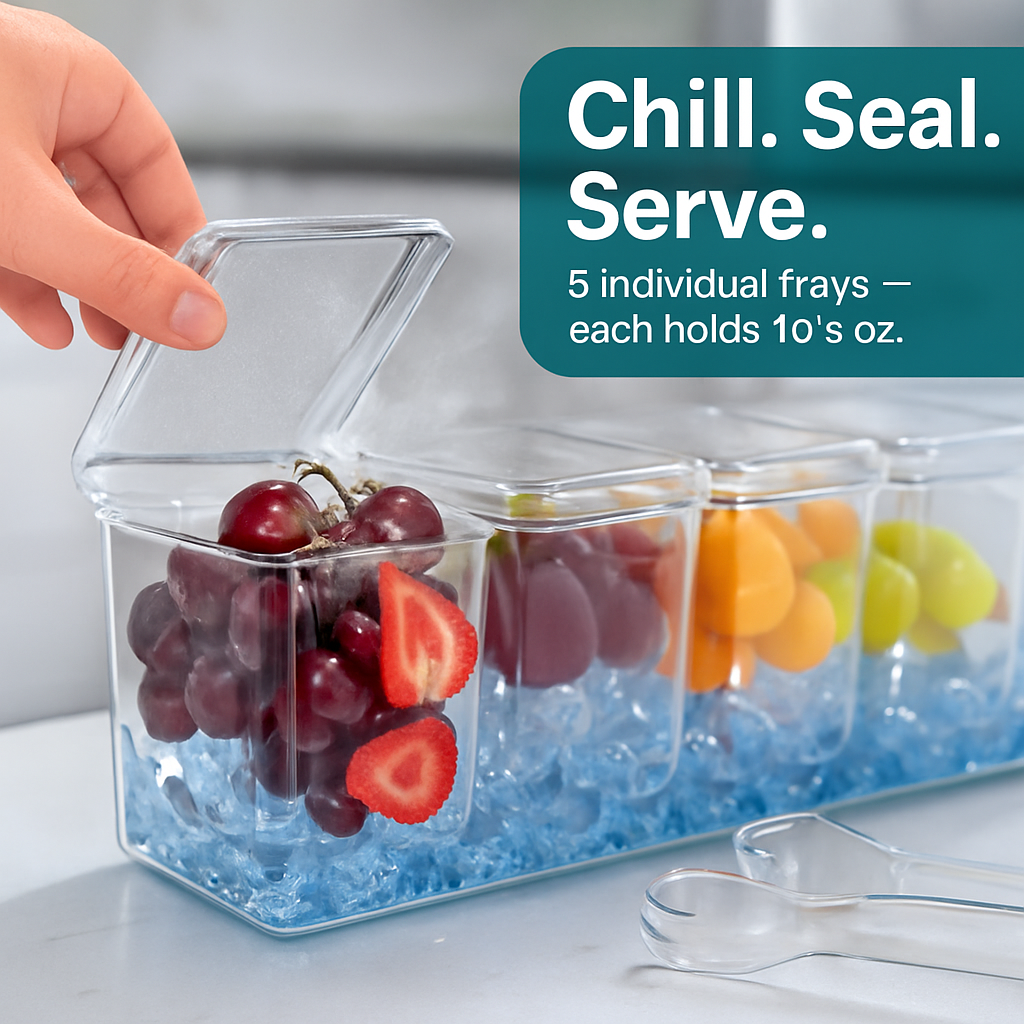 Ice Chilled Condiment Caddy with 5 Trays and Lids