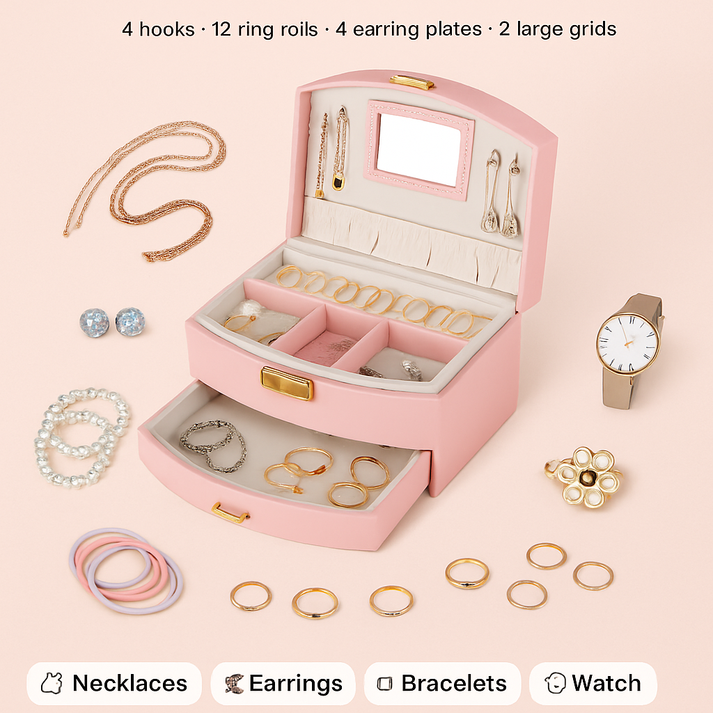 2-Layer Jewelry Box for Rings, Earrings, Necklaces