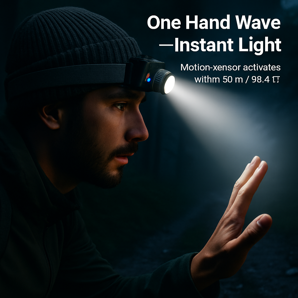 Motion Sensor LED Headlamp with Zoomable Beam and 3 Modes