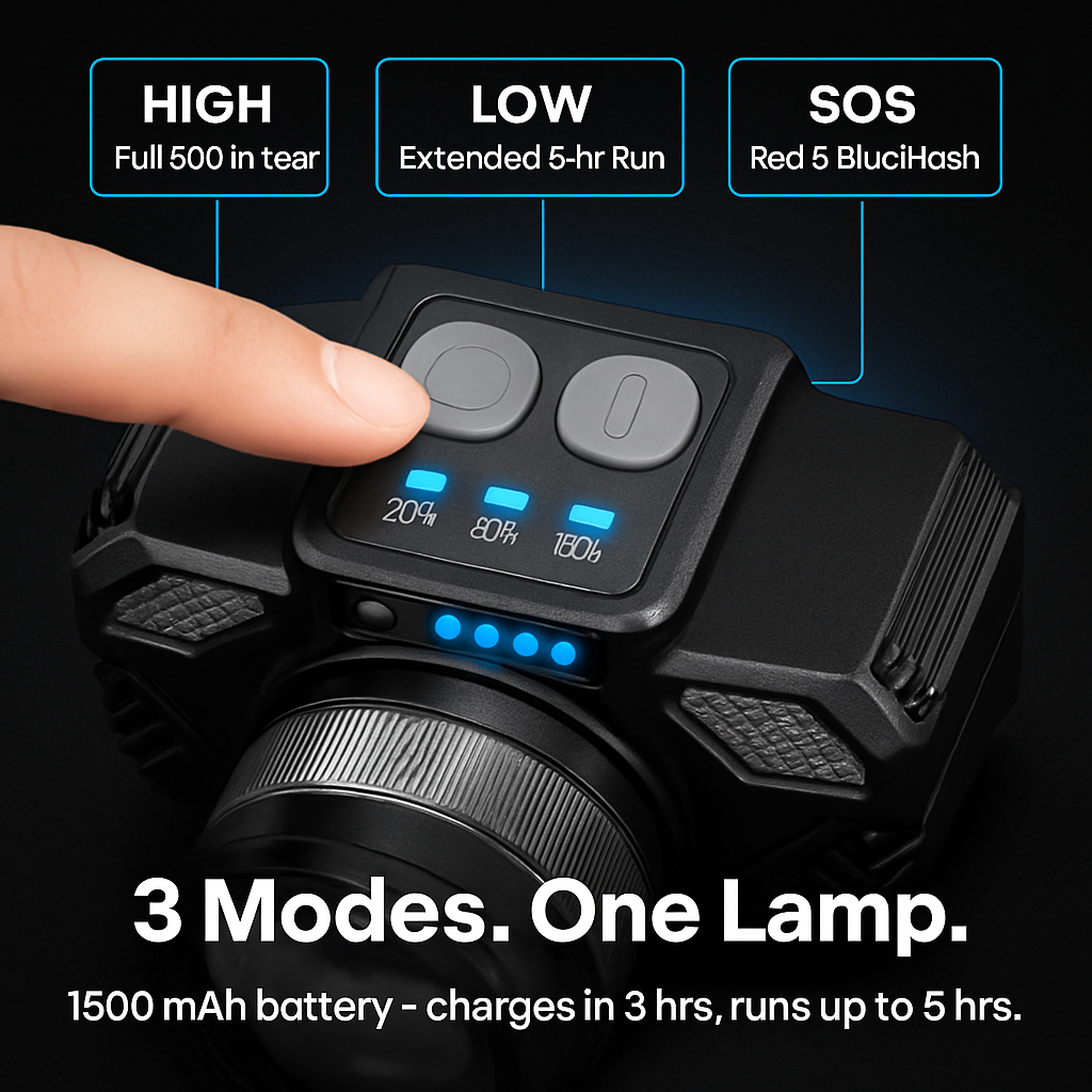 Motion Sensor LED Headlamp with Zoomable Beam and 3 Modes