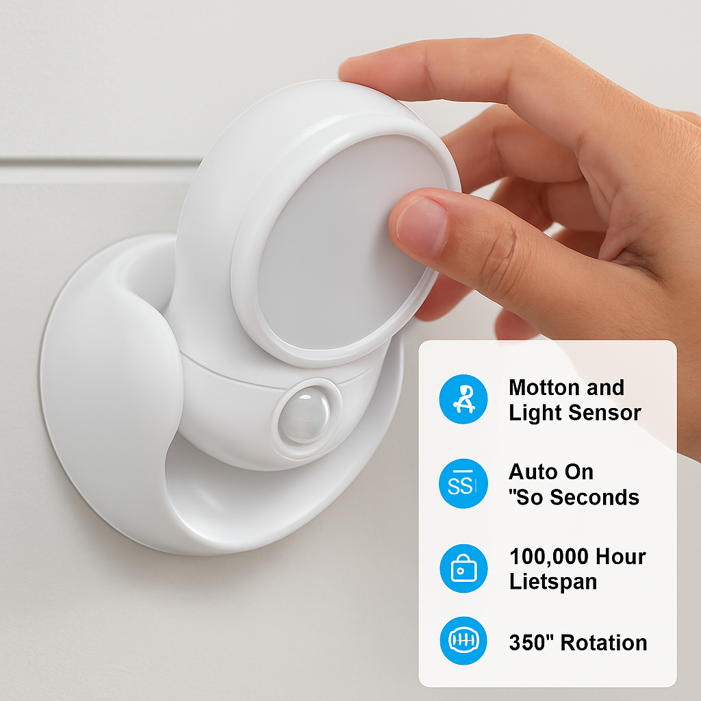 Wireless LED Spotlight 90 ° Motion Sensor Night Lamp 360°Rotate Cordless Stairs Lights Battery Operated w/23ft Sensing Range for Closet Bathroom
