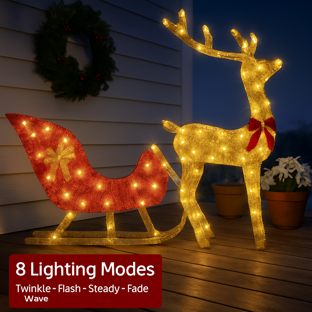 Lighted Christmas Reindeer and Sleigh Decoration