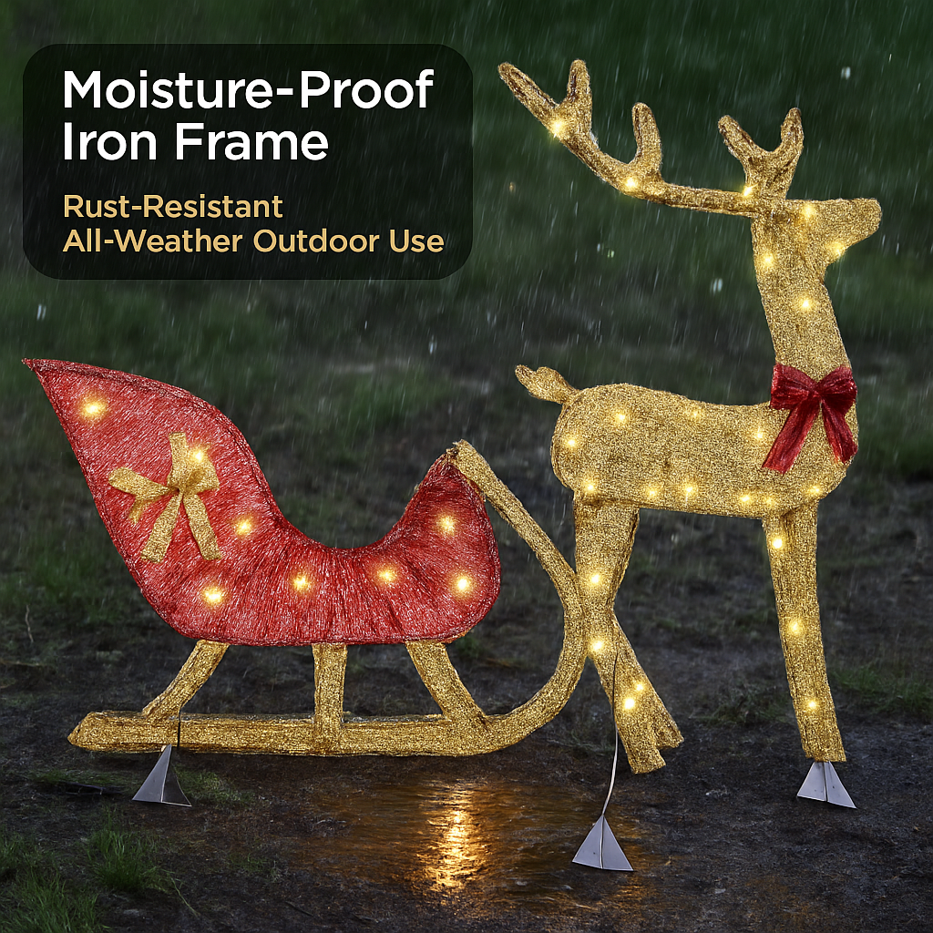 Lighted Christmas Reindeer and Sleigh Decoration