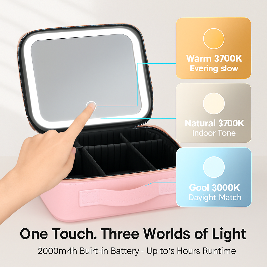 Travel Makeup Bag with LED Mirror and Adjustable Dividers