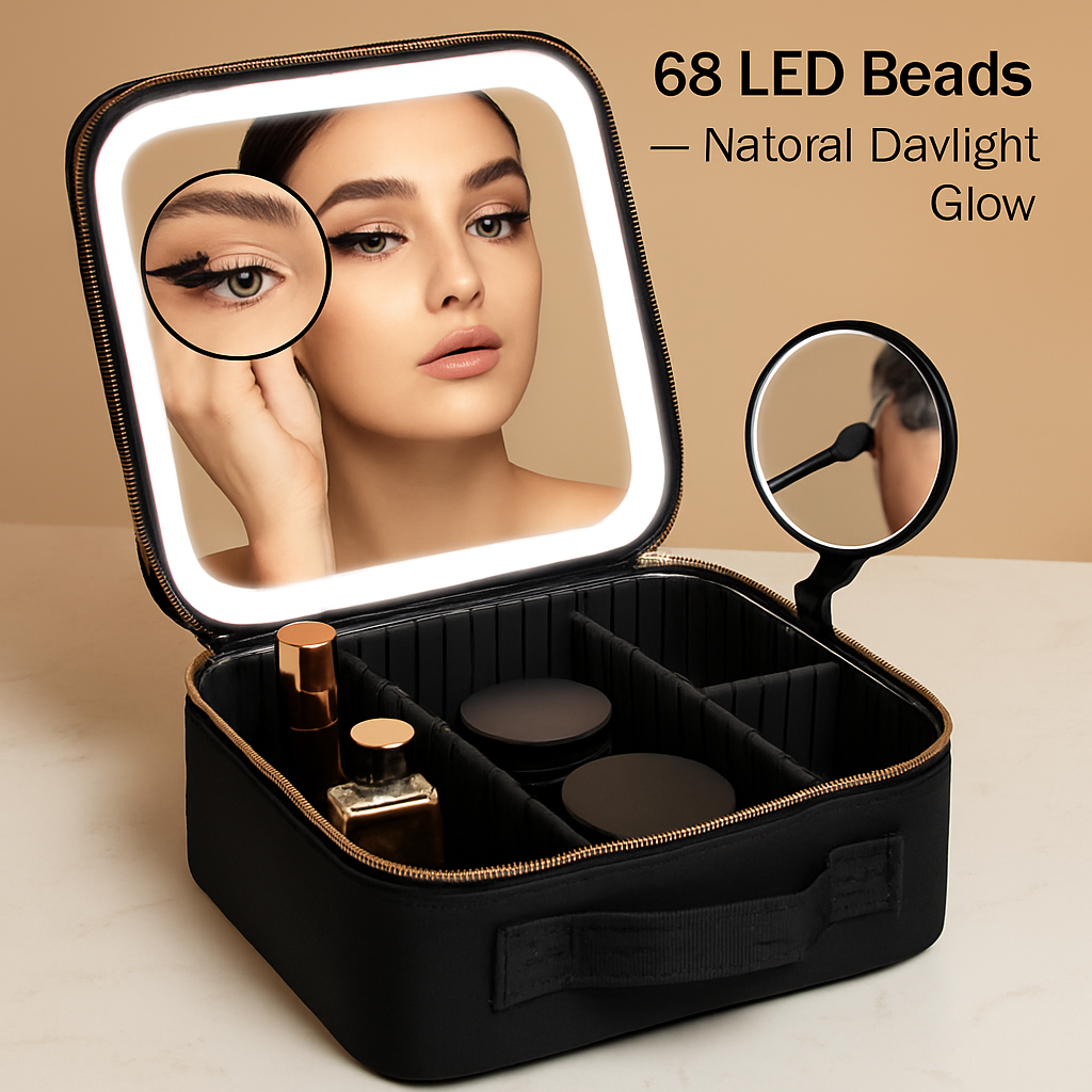Travel Makeup Bag with LED Mirror and Adjustable Dividers