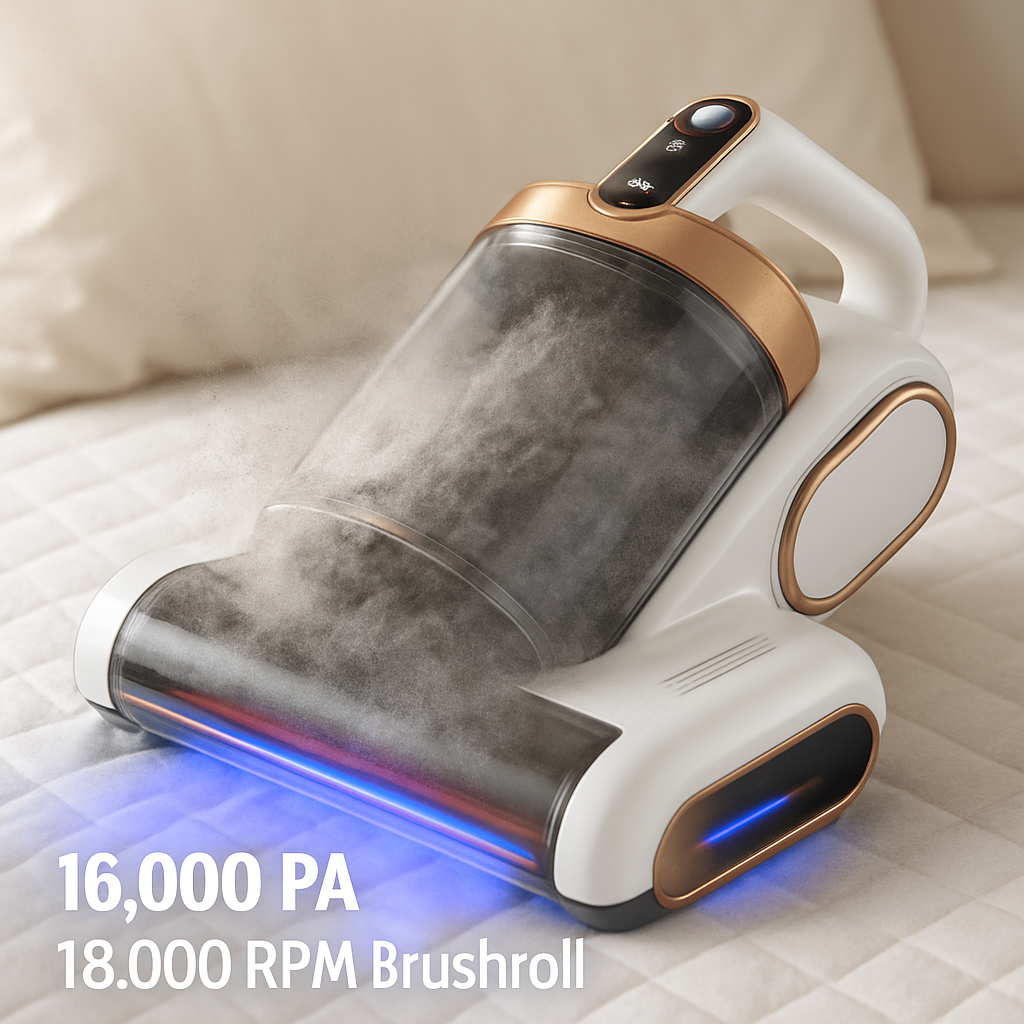 Mattress Vacuum Cleaner 16Kpa Bed Vacuum Cleaner Handheld Vacuums with Ultrasonic & UVC Light 18000 RPM Brushroll Rotation Dual Dust Bins Washable Fil