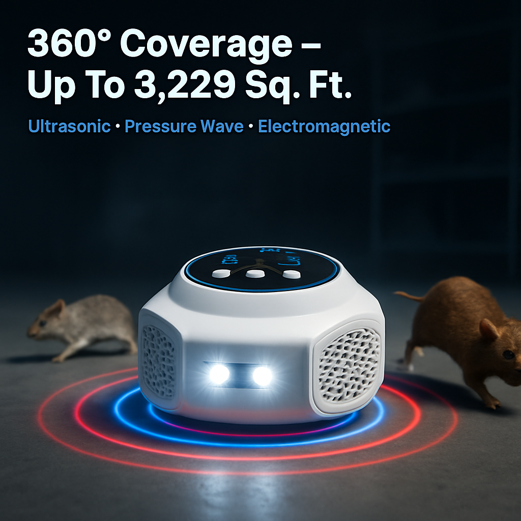 360° Ultrasonic Mice Repellent Indoor Rodent Repeller Rat Squirrel Rodent Chaser with 3 Modes 2 Strobe Lights for Kitchen Warehouse