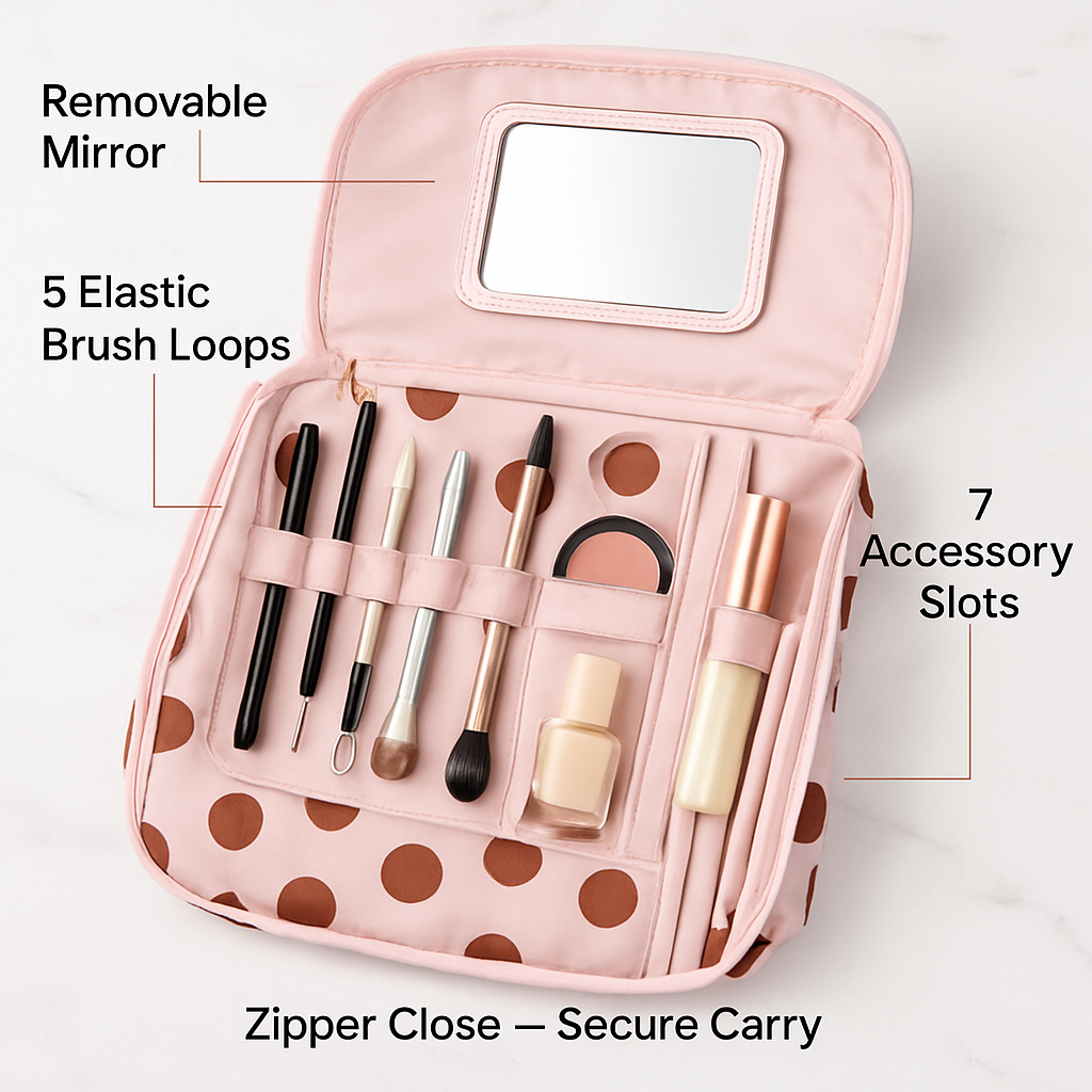 Travel Makeup Bag with Mirror - Compact Organizer