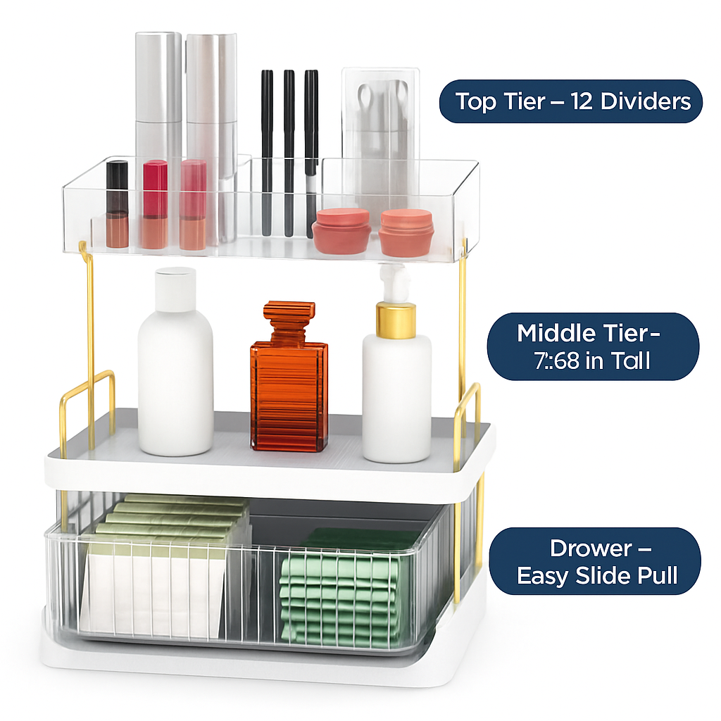 3-Tier Vanity Makeup Organizer with Drawer, Large Capacity