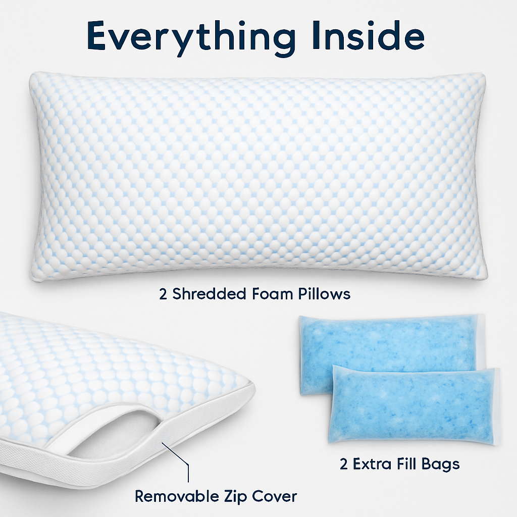 Shredded Memory Foam Pillow - Adjustable, Cooling, Washable