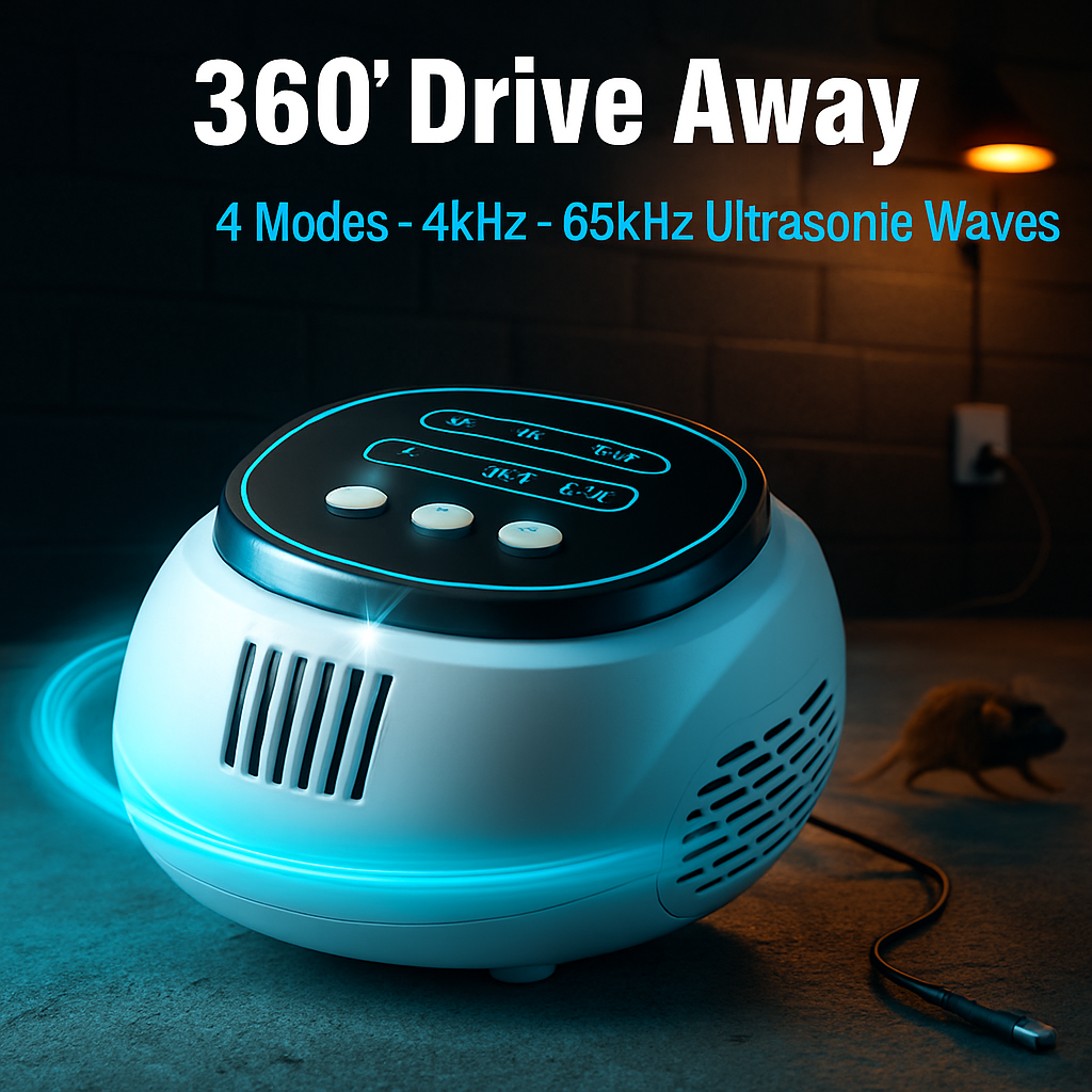Ultrasonic Rodent Chaser Rat Repellent Pest Driver Mouse Control Squirrel Repeller with 4 Modes 4-65KHz Strobe Light 4 Timer 1292sq.ft. Coverage for R