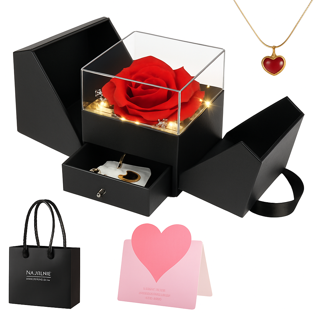 Preserved Red Rose with Heart Necklace Gift Set