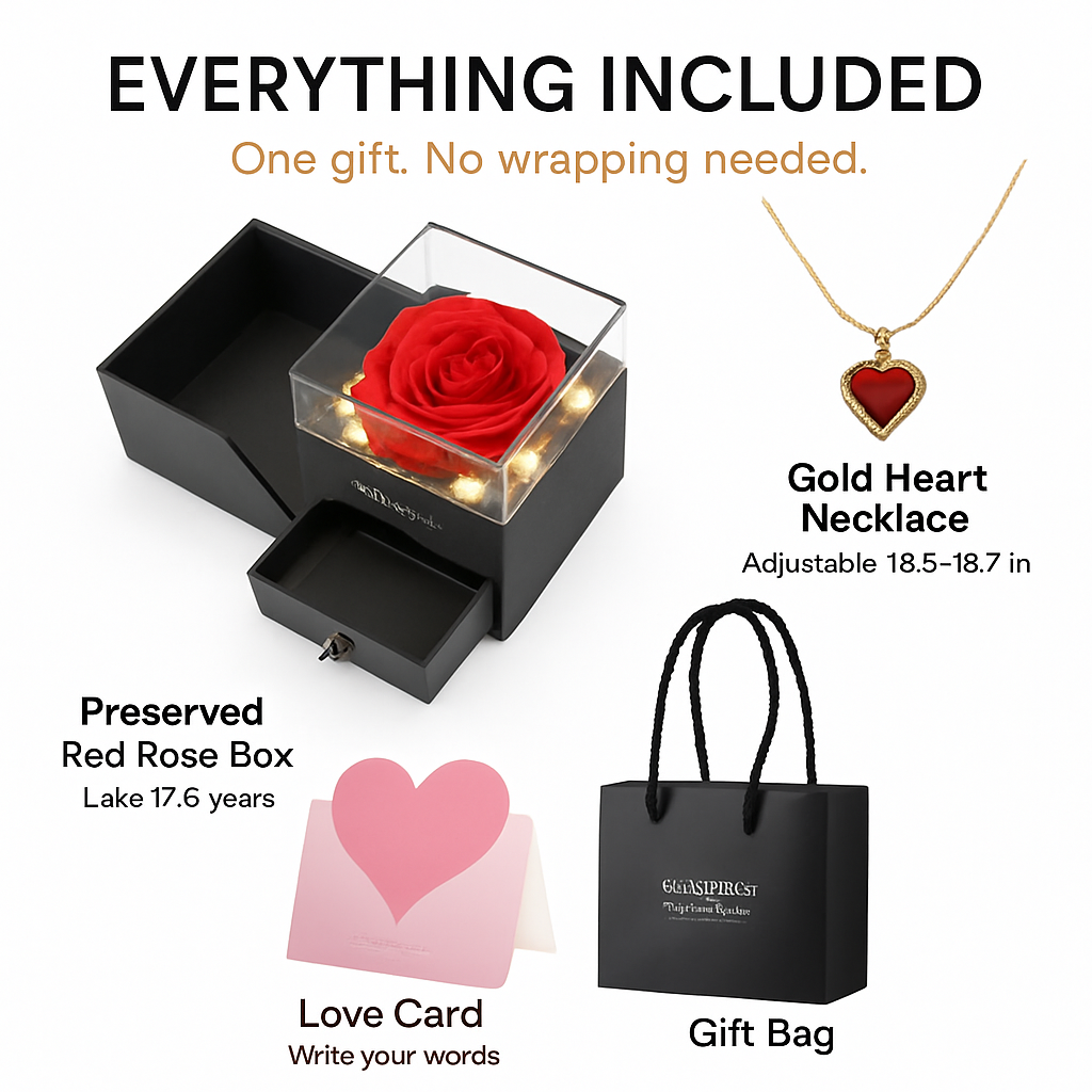 Preserved Red Rose with Heart Necklace Gift Set