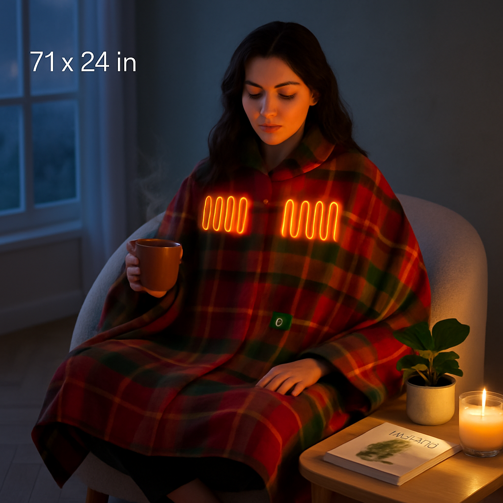 77x24In USB Heated Shawl with Teasel Wearable Heating Blanket Electric Throw Wrap Indoor Outdoor with Zipper 3 Heating Levels Machine Washable for Out