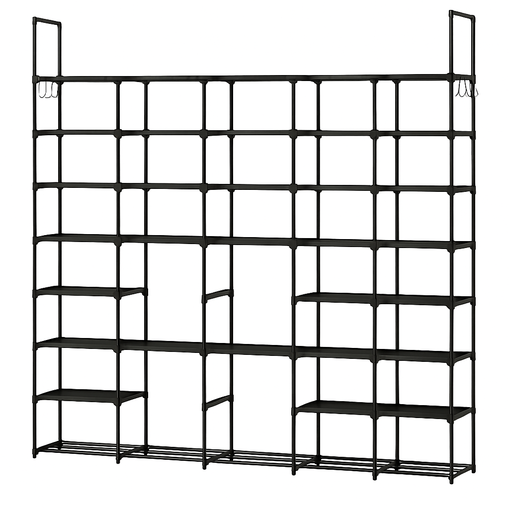 8-Tier 4-Row Metal Shoe Rack with Hooks, Durable