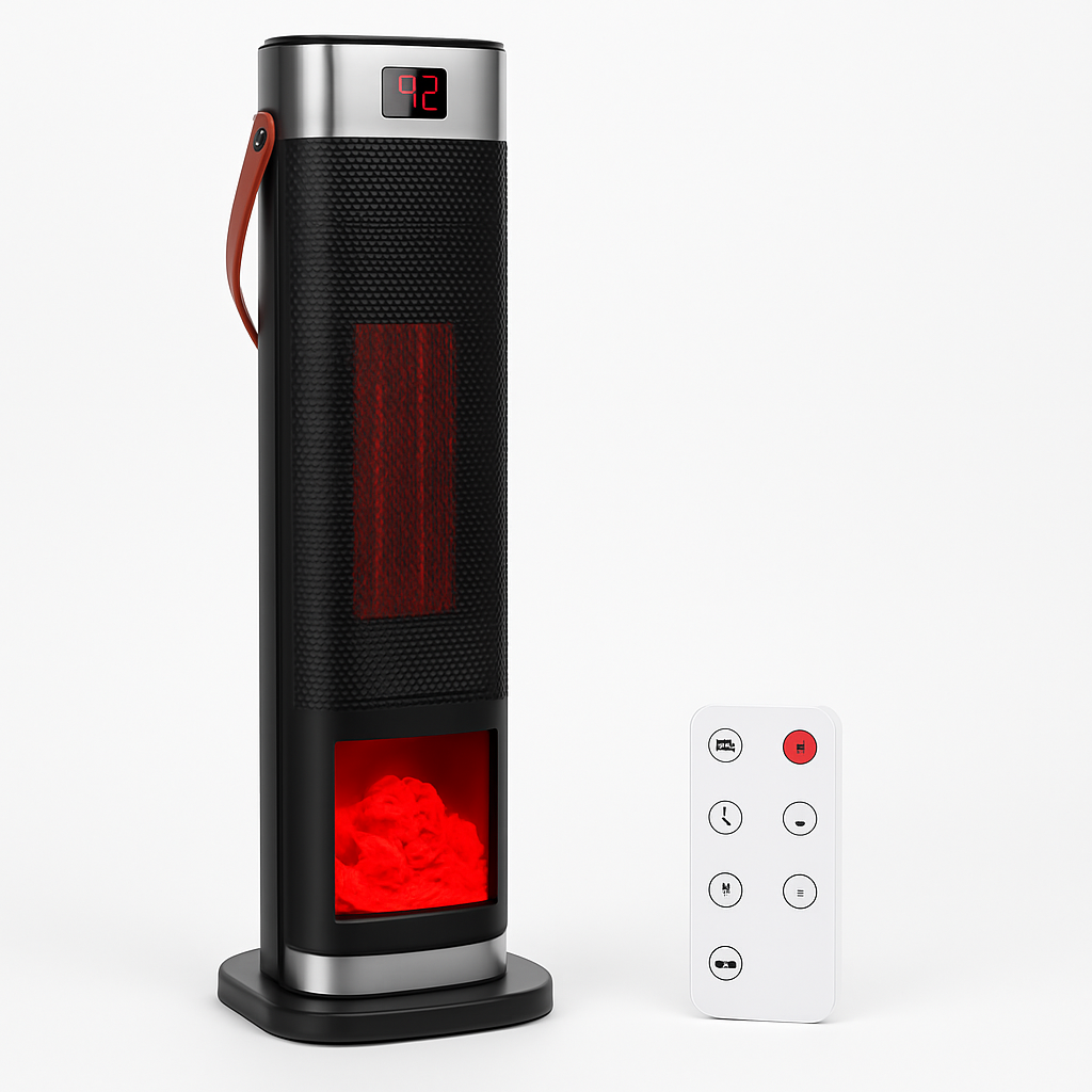 1500W Oscillating Ceramic Tower Space Heater with 3D Flame Portable Electric Heater with 3 Wind Modes 59-104℉Heating Remote Control 12H Timer Overheat