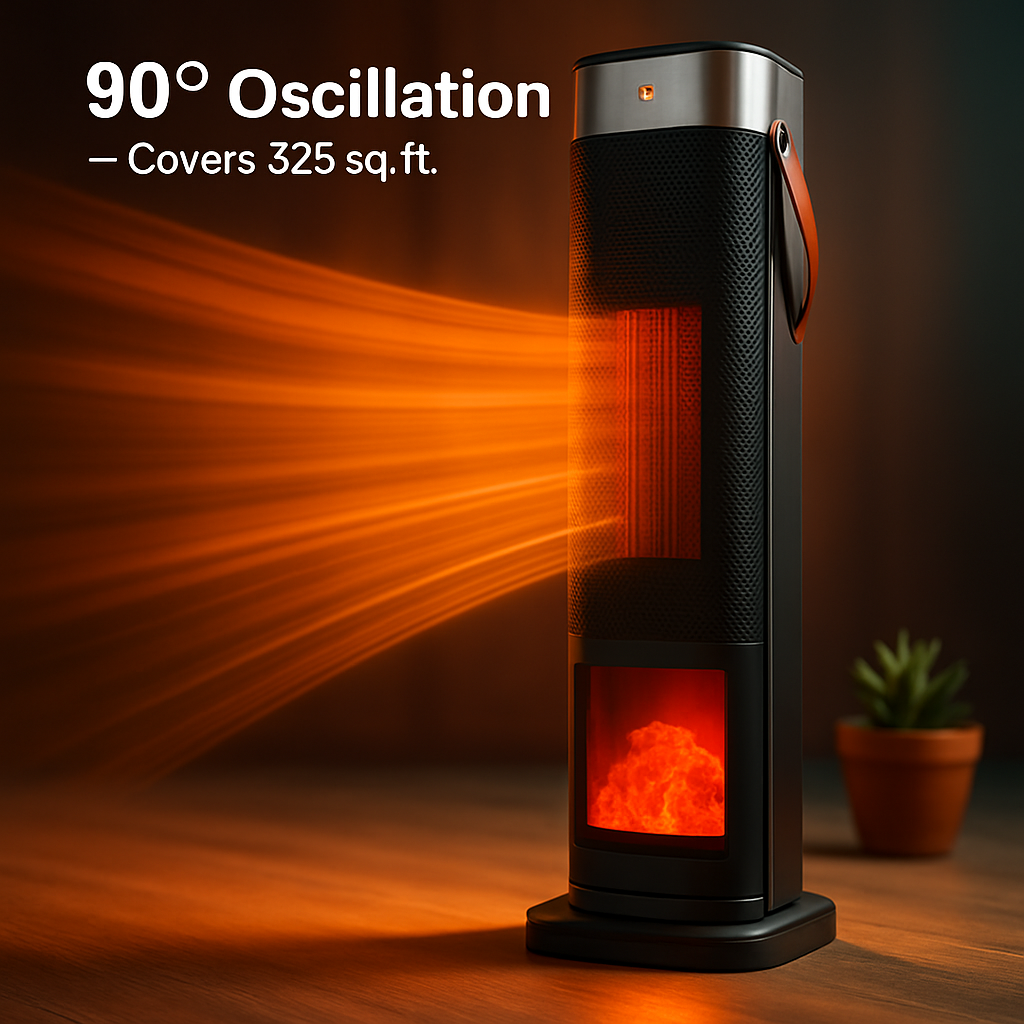 1500W Oscillating Ceramic Tower Space Heater with 3D Flame Portable Electric Heater with 3 Wind Modes 59-104℉Heating Remote Control 12H Timer Overheat