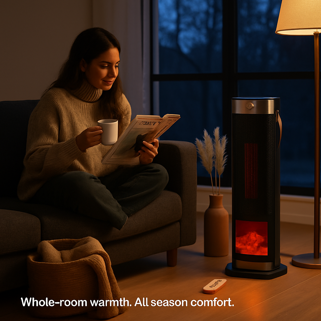 1500W Oscillating Ceramic Tower Space Heater with 3D Flame Portable Electric Heater with 3 Wind Modes 59-104℉Heating Remote Control 12H Timer Overheat