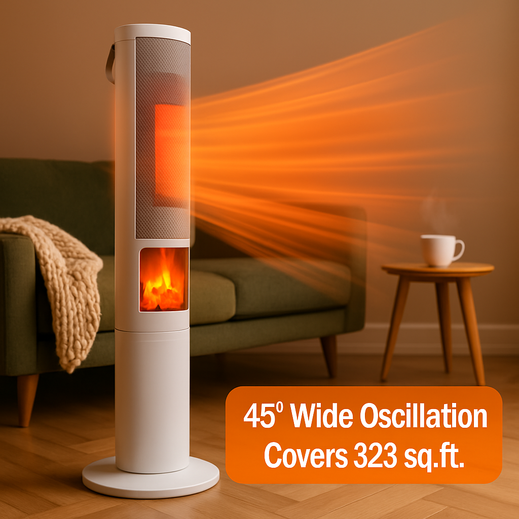 1500W Oscillating Ceramic Tower Space Heater with 3D Flame Portable Electric Heater with 3 Wind Modes Remote Control 5 Timer Overheat Tip-Over Protect
