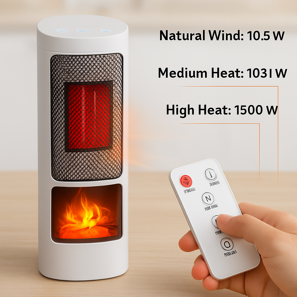1500W Oscillating Ceramic Tower Space Heater with 3D Flame Portable Electric Heater with 3 Wind Modes Remote Control 5 Timer Overheat Tip-Over Protect