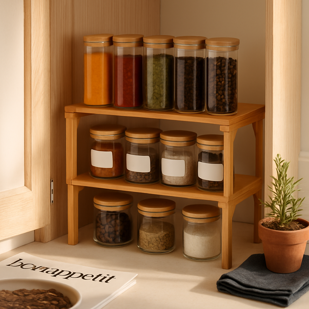 2-Tier Bamboo Spice Rack Organizer for Cabinets