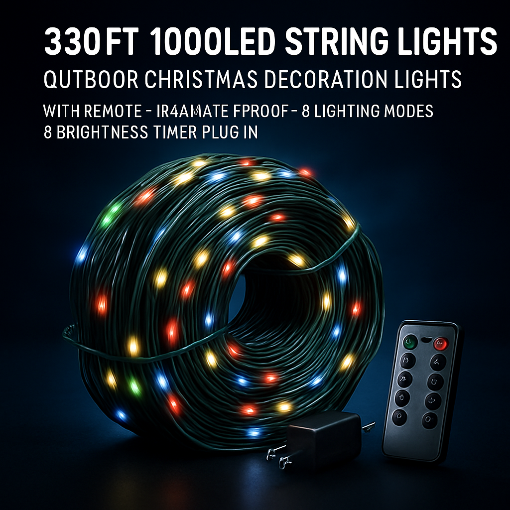 330FT 1000LED String Lights Outdoor Christmas Decoration Lights with Remote IP44 Waterproof 8 Lighting Modes 8 Brightness Timer Plug In Fairy Light Xm