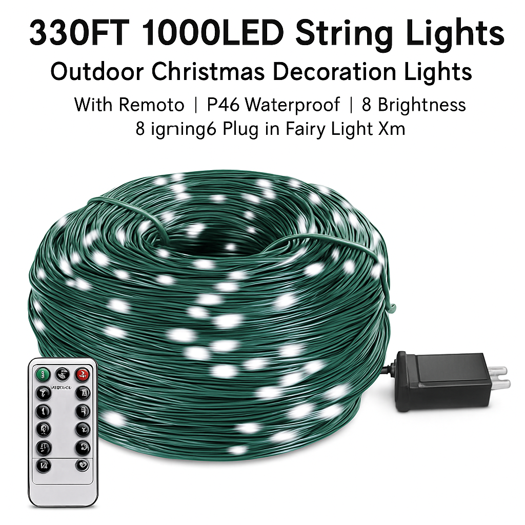 330FT 1000LED String Lights Outdoor Christmas Decoration Lights with Remote IP44 Waterproof 8 Lighting Modes 8 Brightness Timer Plug In Fairy Light Xm