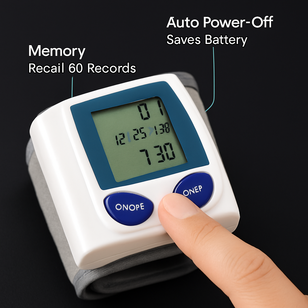 Blood Pressure Monitor Wrist Digital High Blood Pressure Cuff Heartbeat Tester w/ 60 Reading Memory 1.8 Inches LCD Screen Storage Box