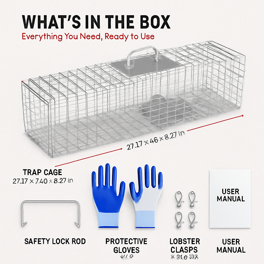 Live Animal Trap Cage 27x7.5x8in Folding Catch and Release Steel Humane Cat Trap for Racoons Stray Cats Rabbits Beavers Hedgehogs Chipmunk Small Anima