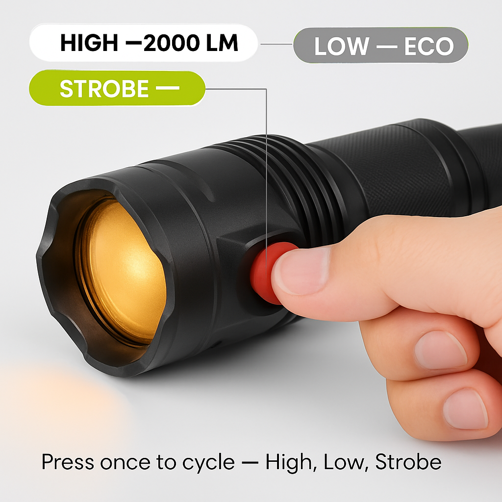 Rechargeable LED Flashlight with Zoomable Aluminum Body