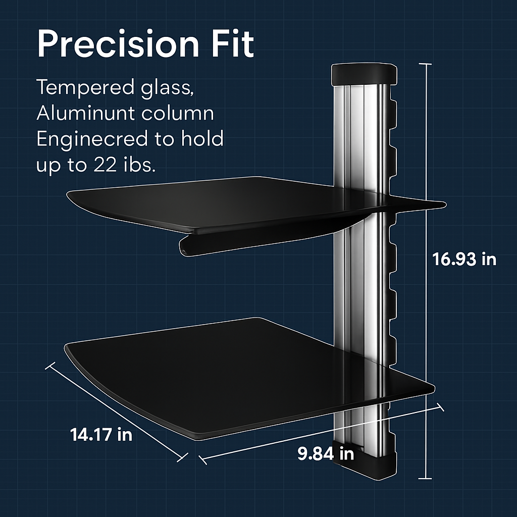 2 Tier Dual Glass Shelf Wall Mount for DVD Players/Cable Boxes/ TV Accessories