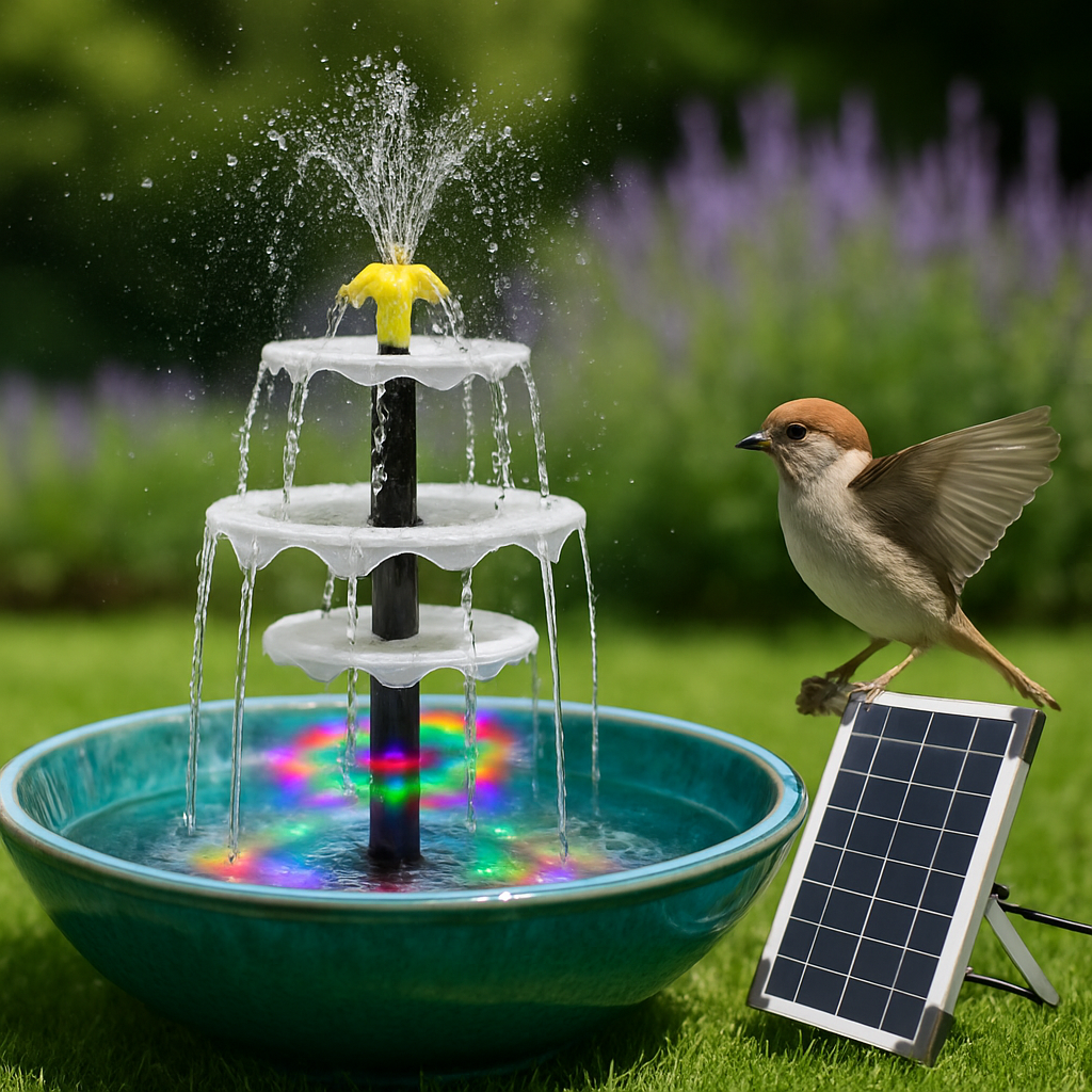 3-Tier Solar Bird Bath Fountain Solar Powered Water Pump Waterfall Feature with Colorful Light 3 Nozzles 6W Solar Panel for Bird Bath Patio Yard Pond