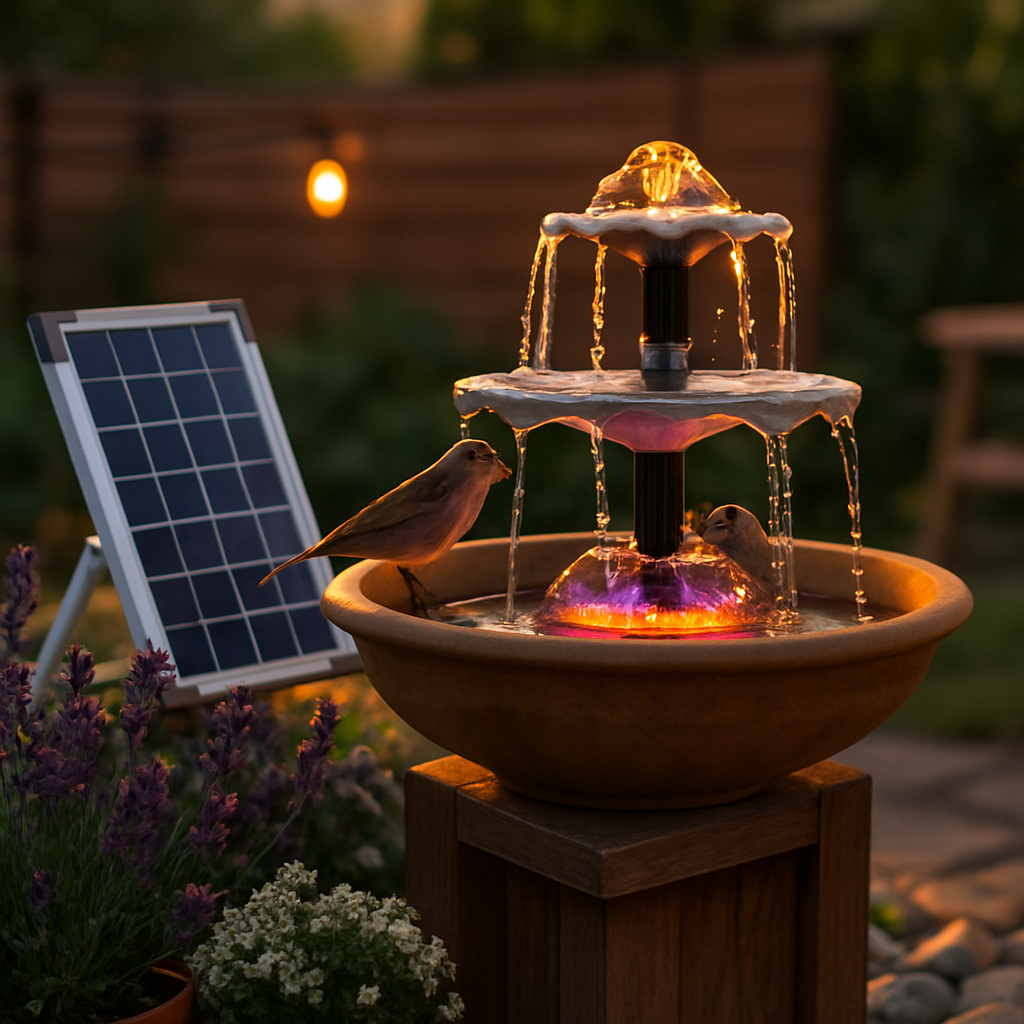 3-Tier Solar Bird Bath Fountain Solar Powered Water Pump Waterfall Feature with Colorful Light 3 Nozzles 6W Solar Panel for Bird Bath Patio Yard Pond