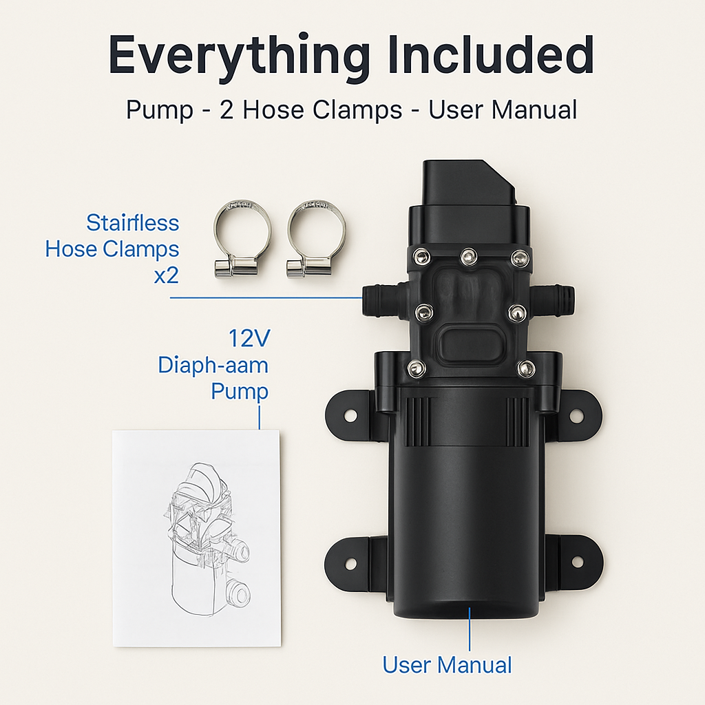 12V Diaphragm Water Pump with Hose Clamps
